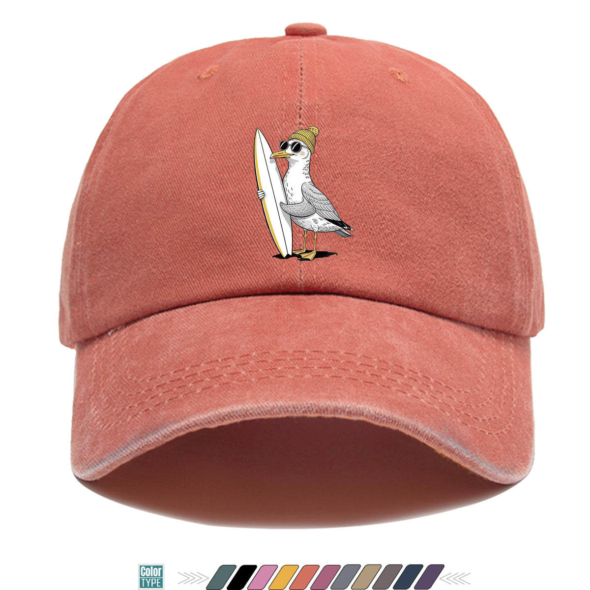 1pc Cute Cartoon Pigeon And Surfboard Pattern Design Printed Baseball Cap, Summer Casual Clothing Accessory, Black Papa Trucker Hat, Breathable Comfortable Solid Easy Vintage Soft Top Dad Hat, Unisex Adjustable Size Youth Couple Skateboard Hat