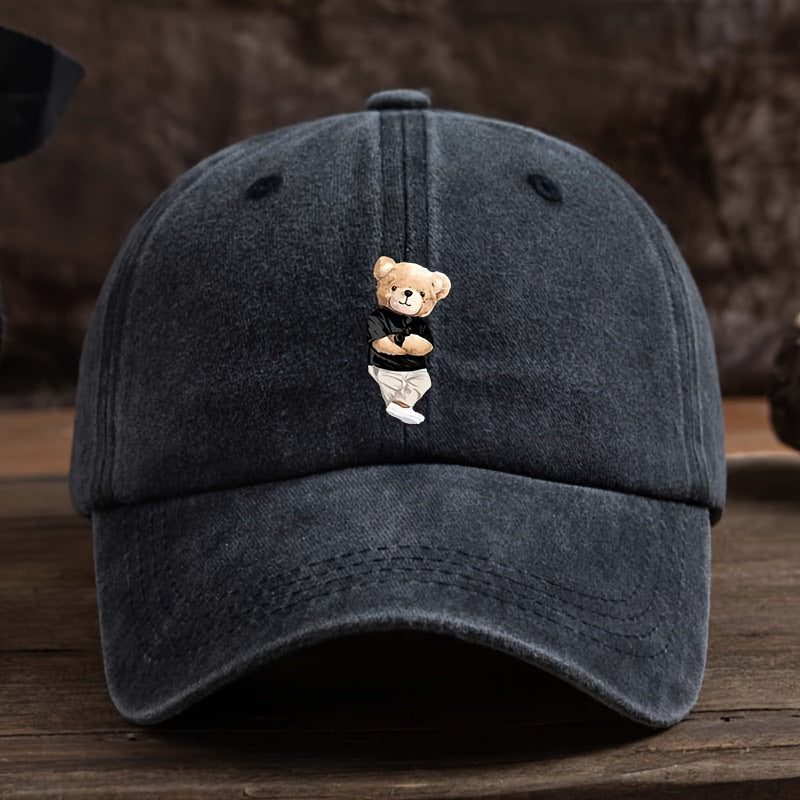 Men's & Suitable for Teddy Bear Lovers - Cute Teddy Bear Holding Hands Design Flat Brim Cap, Durable Textile Machine-Washable Hat for Outdoor, Casual & Casual Attire - Playful Gift for,, Teddy Bear-Themed Events