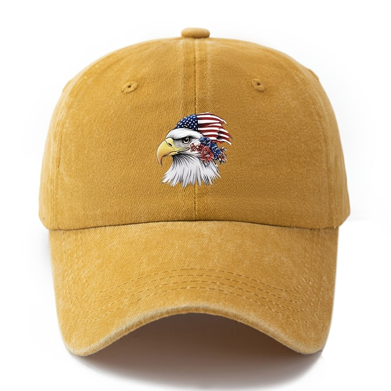 A Unisex Fashionable and Versatile Printed Floral Eagle Baseball Cap, Featuring a Classic Vintage Washed Outdoor Lightweight Curved Brim Design. Suitable for Outdoor Vacations, Travel, Camping, and Other Casual Occasions. Ideal for Holiday Parties