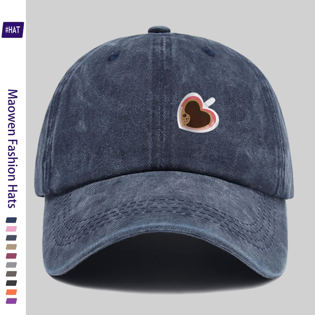Adjustable Unisex Summer Baseball Cap with Washed Vintage Brim And Distressed Design, Featuring a Distinctive Heart-Shaped Coffee Cup Print, Embodiment of Italian-Style Retro Aesthetics. This Street-Style Skateboard Retro Snapback Hat Is Durable