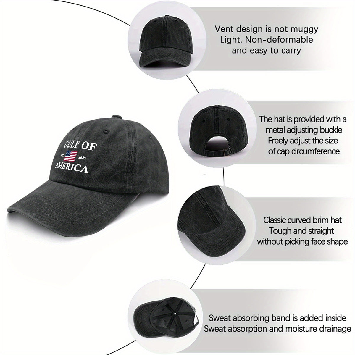 Men's Vintage Washed Baseball Cap with "Bay Area Established 2025" & American Flag Design - Adjustable Dad Hat, Buckle Closure, Machine Washable Suitable for Bay Area Pride, Casual Wear, Themed Events, Retro Headwear