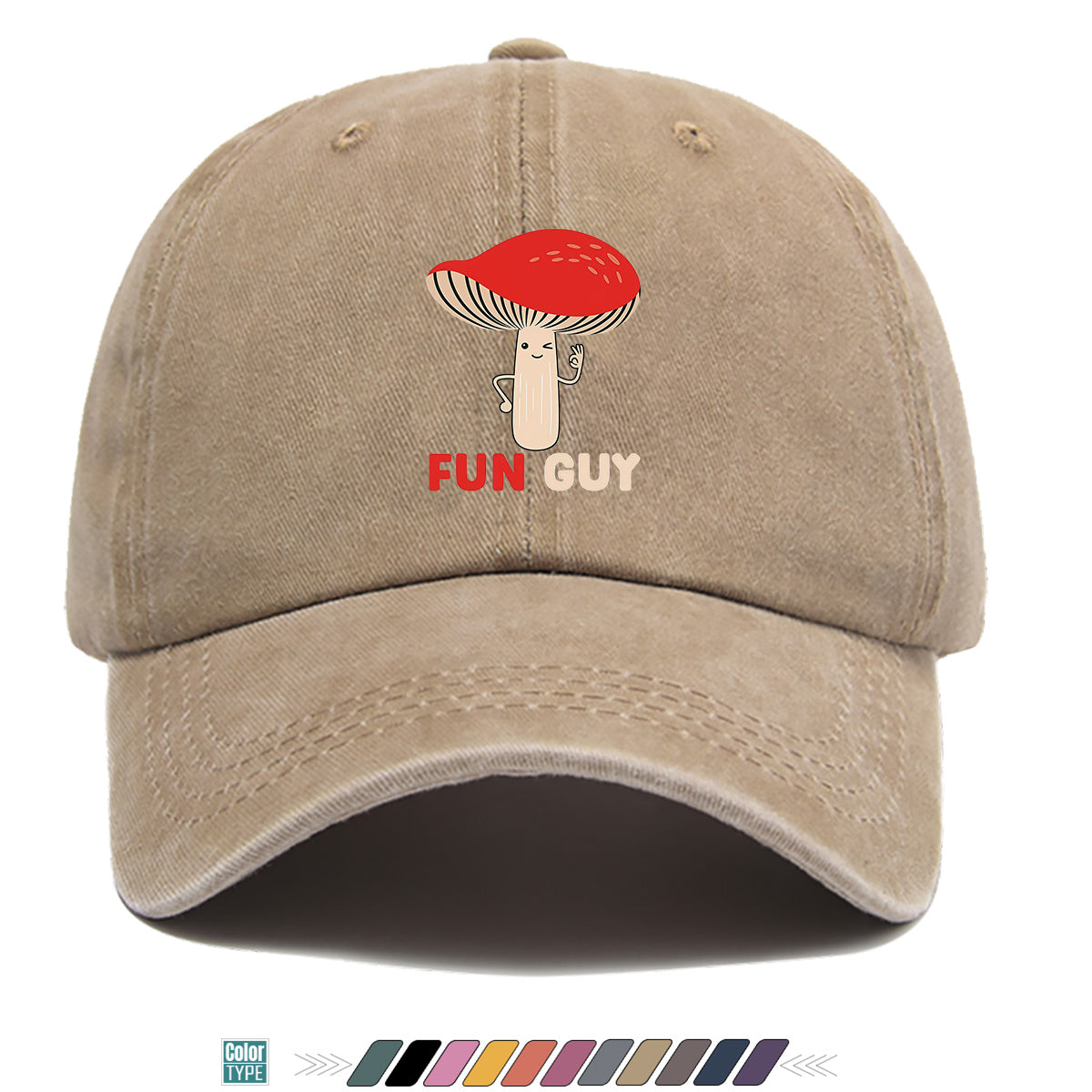 1pc FUN GUY Mushroom Print Baseball Cap with Winking V-Sign & Mushroom - Adjustable Unisex Hat Suitable for Outdoor, Parties, Travel, Picnic, Camping - Breathable Sun Hat for Men & Women, Creative Gift for Daily Wear and Birthdays