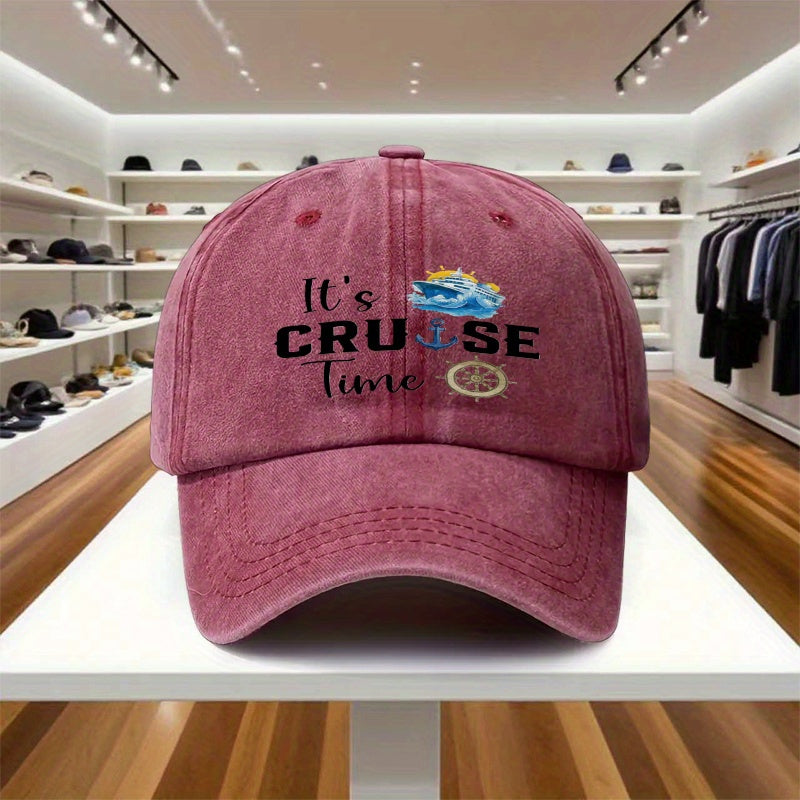 A Single Adjustable Baseball Cap Featuring a "CRUISE Time" Design, This Lightweight Printed Hat for Women And Sun Hat for Men Is a Perfect Gift for Travel, Parties, And Birthdays