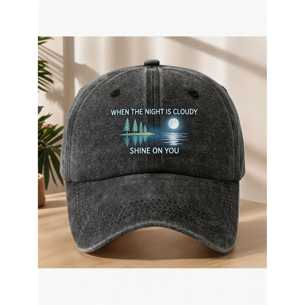 Retro Moon & Forest Cap with Inspirational Quote & -Themed Print - Adjustable Pull-String Baseball Hat Suitable for Men & Women, Machine Washable for Casual Streetwear, Gifts, Outdoor Activities - Closure