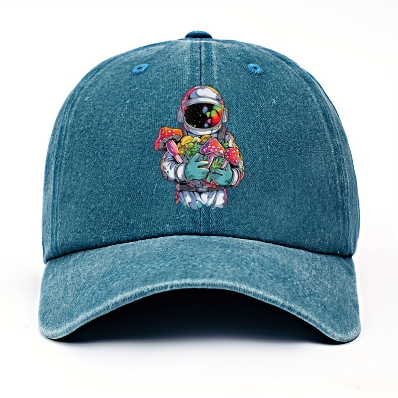 Vintage-style Astronaut Holding Various Mushroom Prints, Washed Baseball Cap, Fun Adjustable Hat