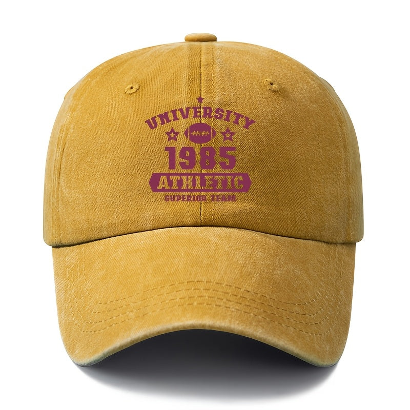 A Unisex Fashionable and Versatile Printed UNIVERSITY 1985 Baseball Cap, Featuring a Classic Vintage Washed Outdoor Lightweight Curved Brim. This Trucker Baseball Cap Is Suitable for Casual Occasions Such as Outdoor Vacations, Travel, and Camping