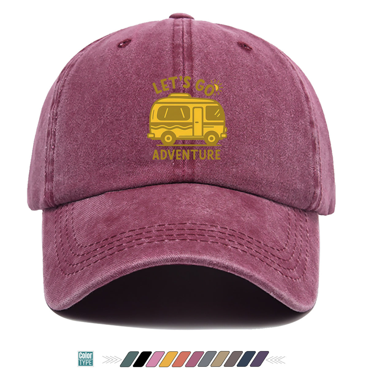 1pc "LET's GO ADVENTURE" Camper Van Print Baseball Cap, Vintage Yellow RV Pattern Sun Hat, Fashionable Casual Sun Hat, Unisex Adjustable Duckbill Cap for Outdoor Adventures, Road Trips, Camping Picnics, Weekend Outings, Park Strolls, Beach Vacations