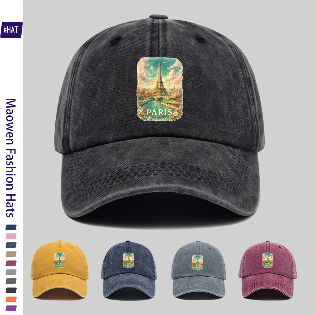 1pc Vintage Washed Distressed Duckbill Baseball Cap - Adjustable Unisex Style with Seine River Print, Lightweight And Suitable for Outdoor Fishing, Hunting, Vacations, Truck Driving, Streetwear, Parties, And Other Occasions