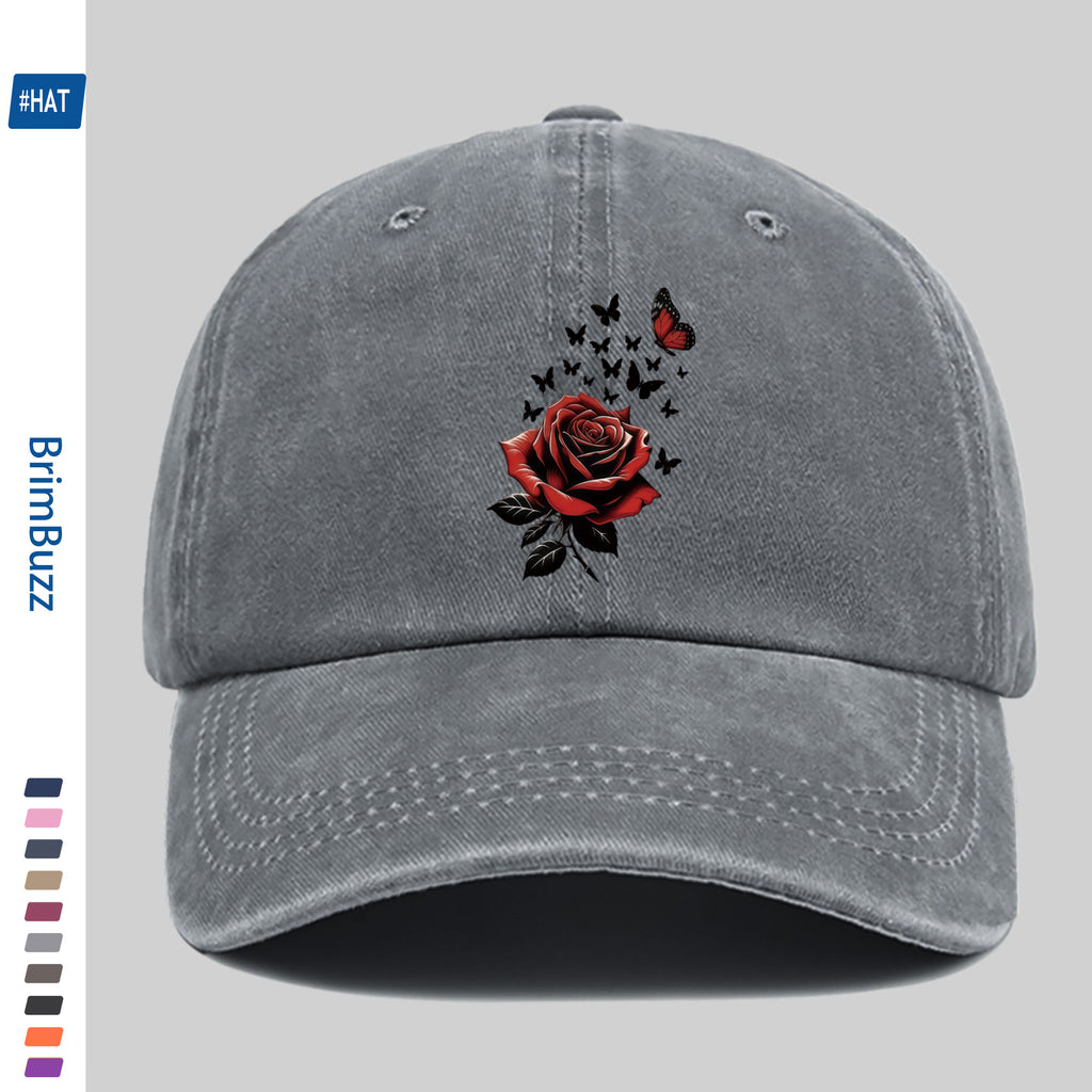 1pc Adjustable Trucker Sun Hat, Unisex, Vintage Washed Baseball Cap with Rose And Butterfly Print, Lightweight Outdoor Hat Suitable for Beach, Travel, Cycling, Party Gifts, Non-Elastic Strap Hat Suitable for Daily Casual Wear (Hand Washable)