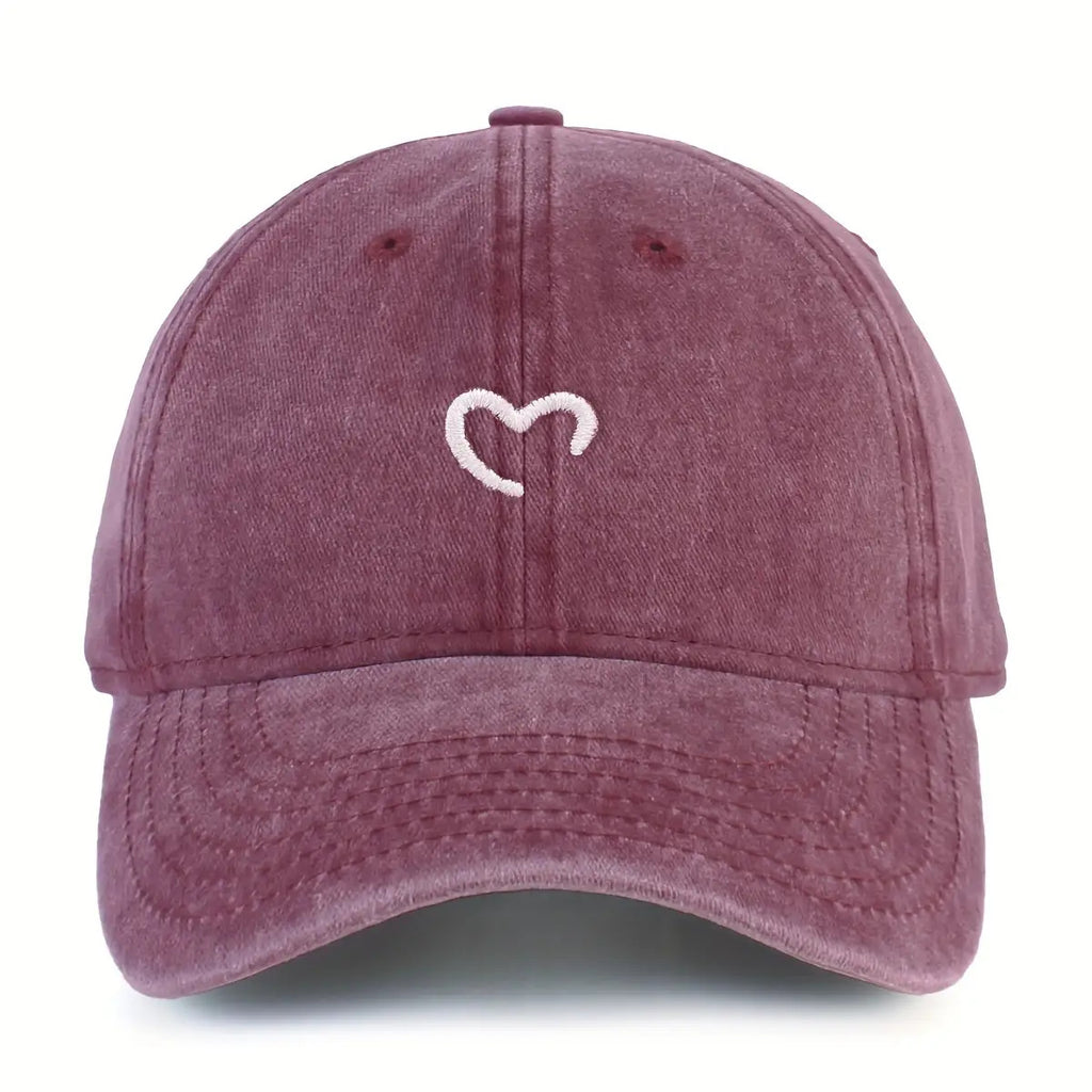 Women'S Heart-Shaped Embroidered Vintage Washed Baseball Cap, Adjustable Size, Suitable for Urban Vacation Wear
