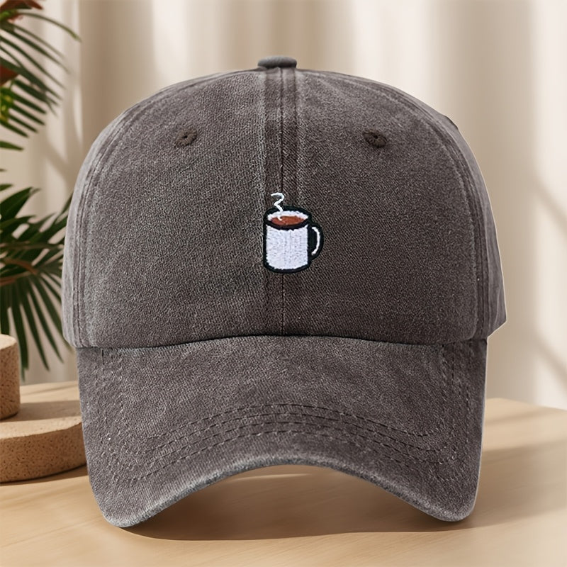 High-Quality Baseball Cap with Coffee Cup Embroidery, Lightweight, Soft, Comfortable, Sweat-Absorbing, Breathable, Classic Washed Vintage Hat for Outdoor Leisure, Sports, Shopping, Vacation, Camping, Sun Protection