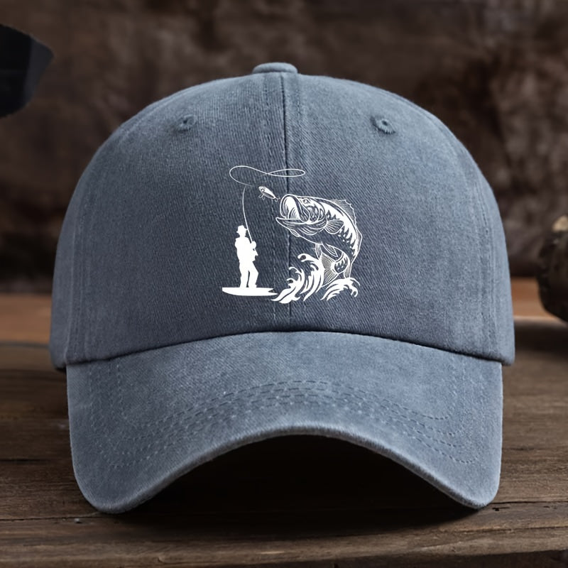 1pc Funny Fishing Print Outdoor Hat with Leaping Fish & Design - Breathable Six-Panel Cap, Durable Textile Fabric Suitable for Fishing Trips, Camping, Hiking - Unisex for Men & Women, Hand Washable ()