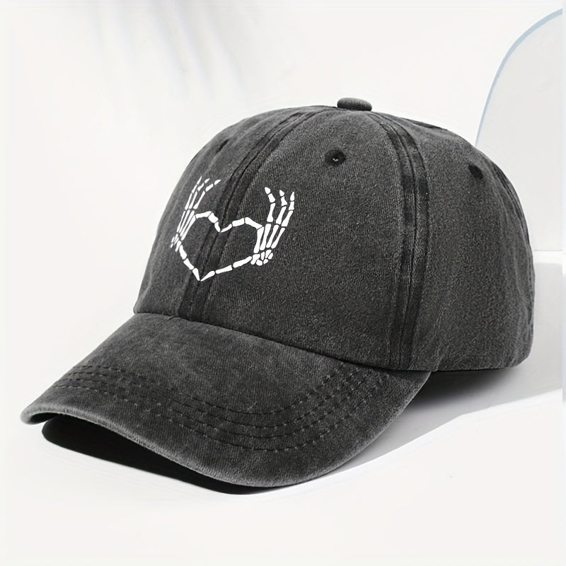 Men' & Women' Vintage Washed Baseball Cap with Heart & Skull Print - Adjustable Trucker Hat Suitable for All Seasons, Outdoor, Casual Wear, Retro Washed Style, Unisex for Daily Use, Driving,, and Everyday Fashion