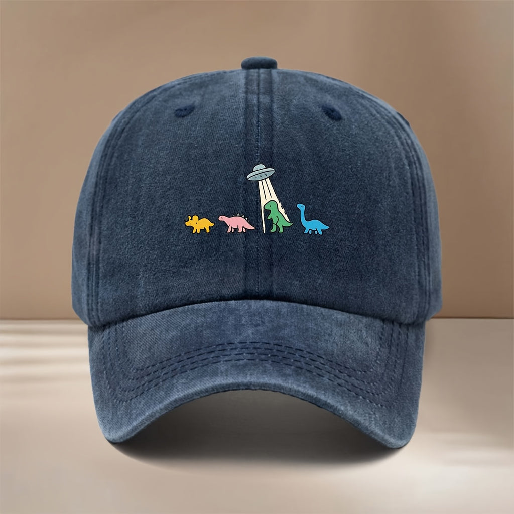 This Is a Baseball Cap with a Dinosaur and UFO Print, Suitable for All Seasons. It Features an Adjustable Size, a Curved Brim, and Is Unisex. The Hat Is Comfortable, Lightweight, and Can Be Worn for Outdoor Sports, Dinners, Camping, or as a  Fashion