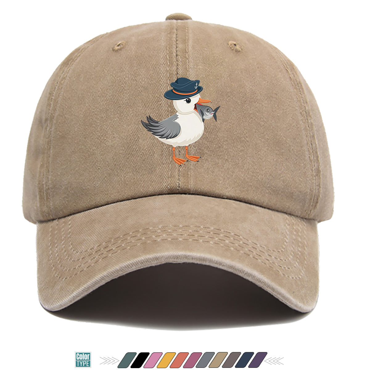 1pc Cartoon Seagull Wearing a Navy Hat with an Anchor Pattern, Holding a Fish in Its Mouth, with a Colorful Geometric Striped Background. Fun Animal Print Baseball Cap, Comfortable And Breathable Sun Hat, Stylish, Individual, And Beautiful