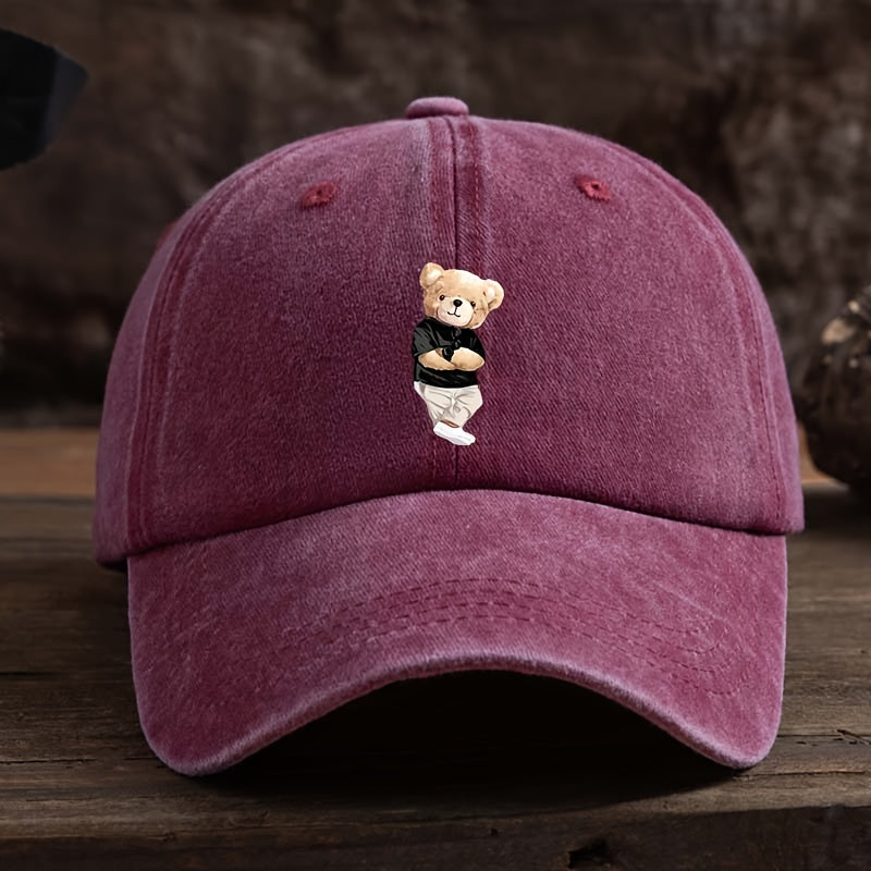 Men's & Suitable for Teddy Bear Lovers - Cute Teddy Bear Holding Hands Design Flat Brim Cap, Durable Textile Machine-Washable Hat for Outdoor, Casual & Casual Attire - Playful Gift for,, Teddy Bear-Themed Events