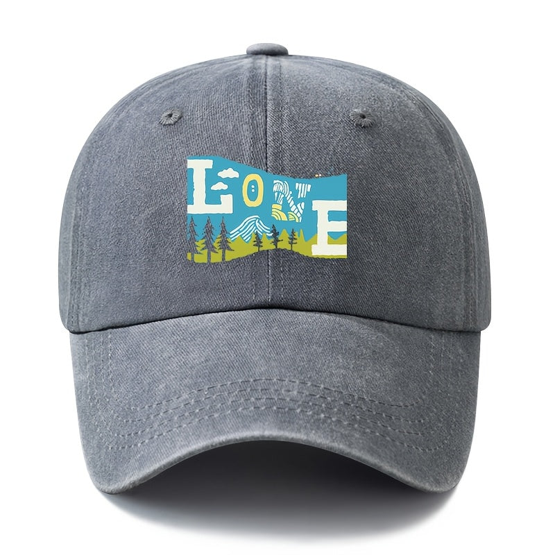 Unisex Fashion Versatile Printed LOVE Outdoor Baseball Cap, Classic Retro Washed Outdoor Lightweight Curved Brim Hat, Trucker Cap, Suitable for Outdoor Vacation Travel Camping And Other Casual Occasions, Holiday Party Hip-Hop Hat