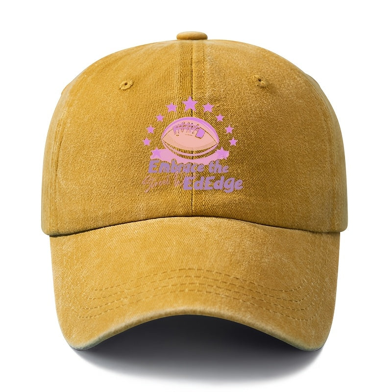 A Unisex Fashionable and Versatile Printed "Embrace the EdEdge" Baseball Cap, Featuring a Classic Vintage Washed Lightweight Curved Brim. This Trucker Baseball Cap Is Suitable for Casual Occasions Such as Outdoor Vacations, Travel, and Camping