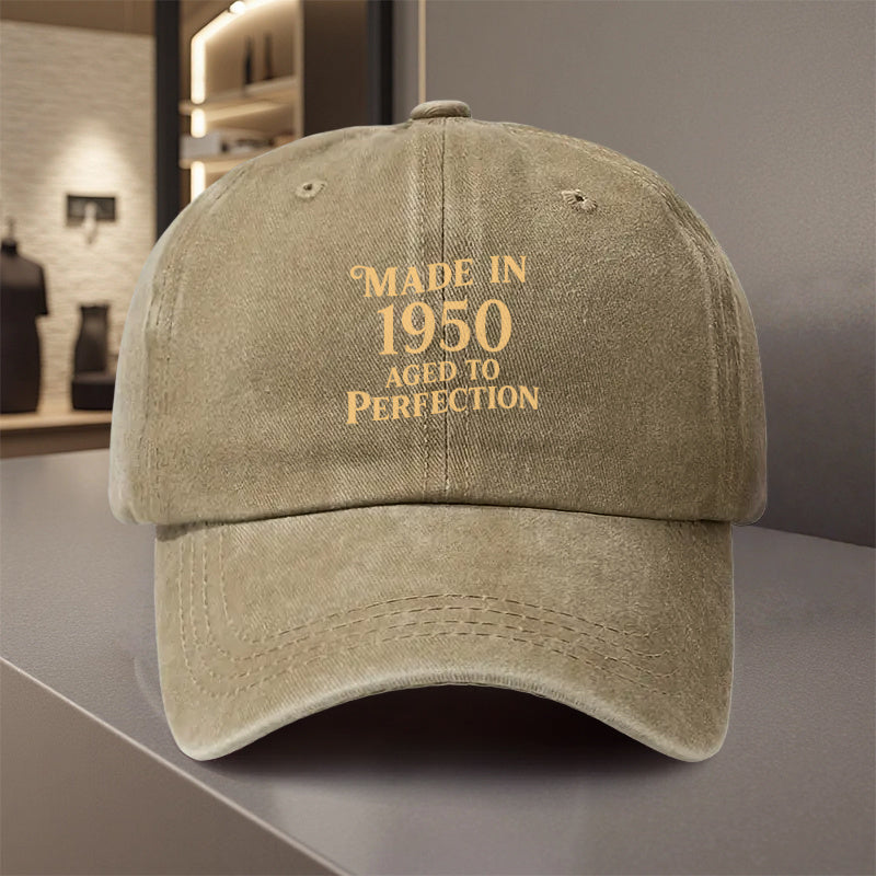 An Adjustable Baseball Cap Featuring 'MADE IN 1950 AGED TO PERFECTION' in a Retro Style. Made from Lightweight with Printed Designs, It Is Perfect for Outdoor Sports And Camping Enthusiasts, As Well As Trendy Individuals, College Students