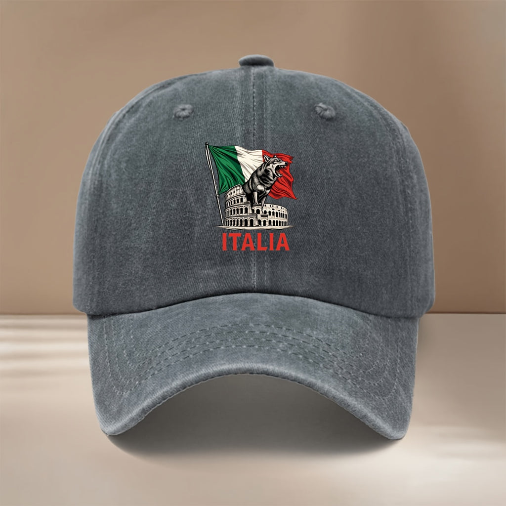 Baseball Cap with "ITALIA" Text and Wolf Graphic, All-season Versatile Fit, Casual and Relaxed Style, Textured Six-panel Design, Comfortable and Lightweight Hip-hop Cap, Adjustable Size, Curved Brim, Unisex Snapback, Trendy and Fashionable for Sports