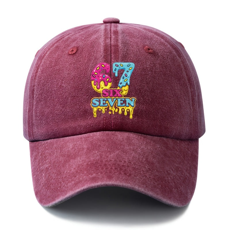 Unisex, Fashionable And Versatile Printed Cream Donut 67 SIX SEVEN Baseball Cap, Classic Retro Washed Outdoor Lightweight Curved Brim Cap, Suitable for Outdoor Vacations, Travel, Camping, And Other Casual Occasions, Hip-Hop Cap for Holiday Parties