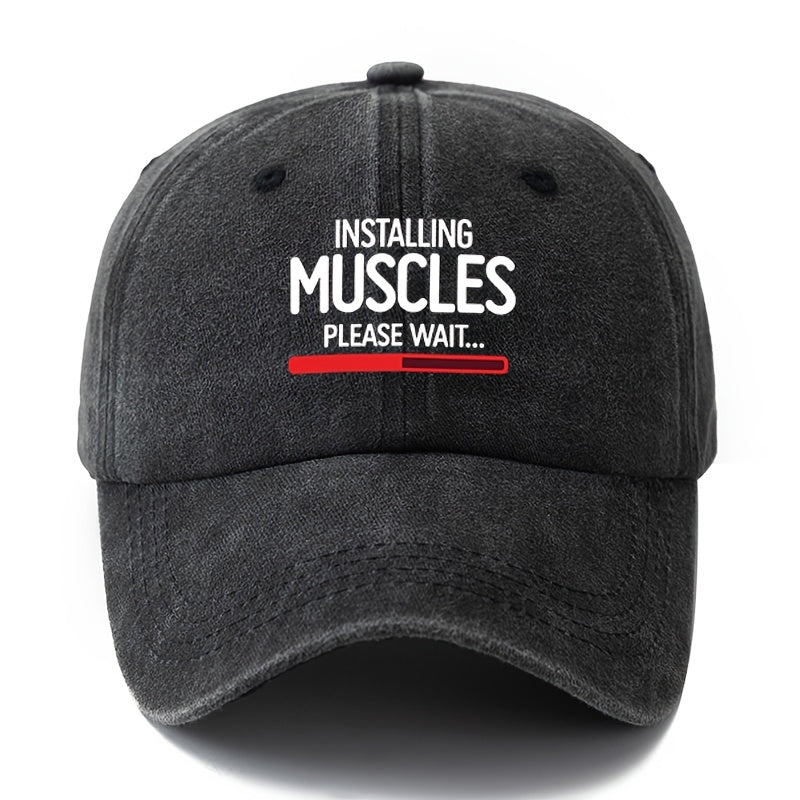 A Unisex Fashionable and Versatile Printed "MUSCLES" Baseball Cap, Featuring a Classic Vintage Washed Outdoor Lightweight Curved Brim. This Trucker Baseball Cap Is Suitable for Casual Occasions Such as Outdoor Vacations, Travel, and Camping. It Also