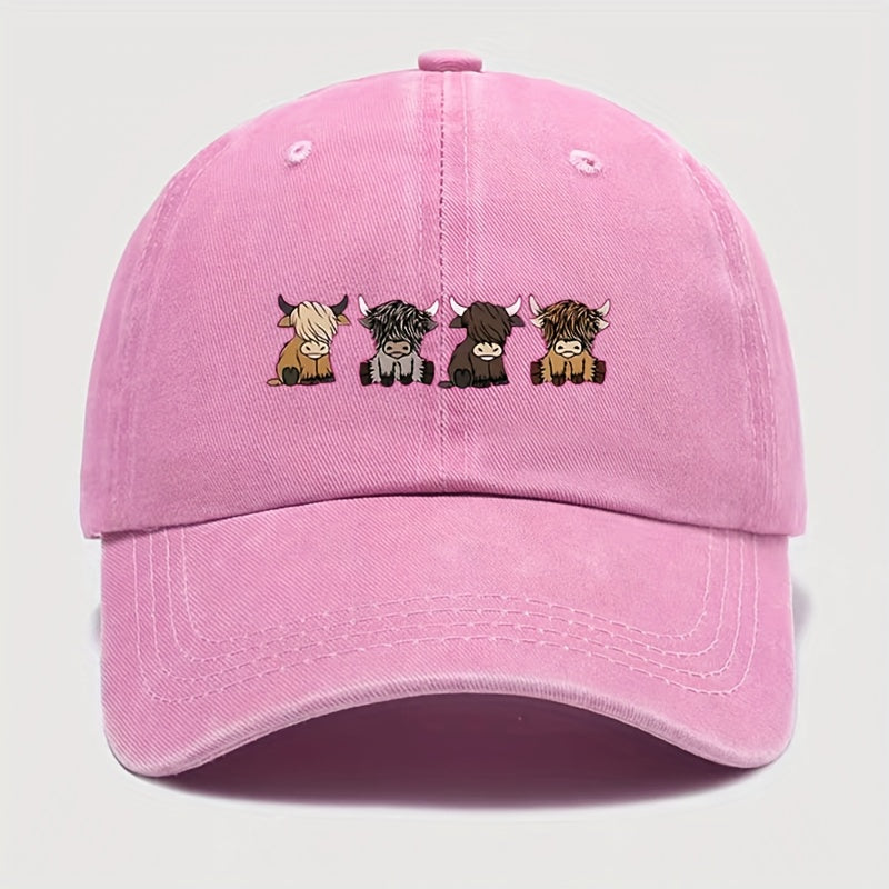 Olive Green Adjustable Snapback Baseball Cap Featuring a Vintage Highland Cow - Perfect for Casual Outdoor Sports for Men