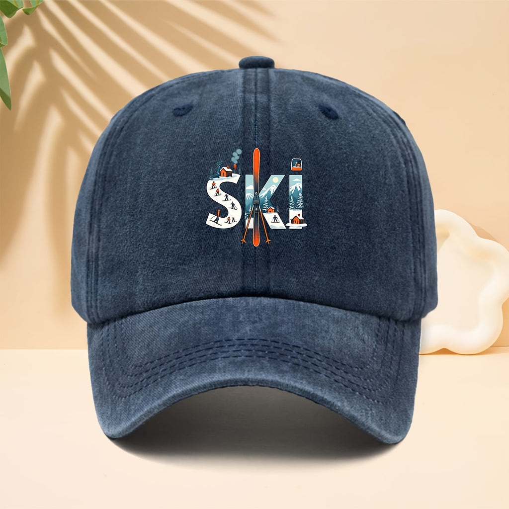 A Printed Baseball Cap with Ski-Related Elements And Patterns, Suitable for Outdoor Sports, a Six-Panel Hat for Men And Women, Couple'S Fashion, a Duckbill Cap with an Adjustable Soft Brim, Washed And Distressed Curved Brim Hat