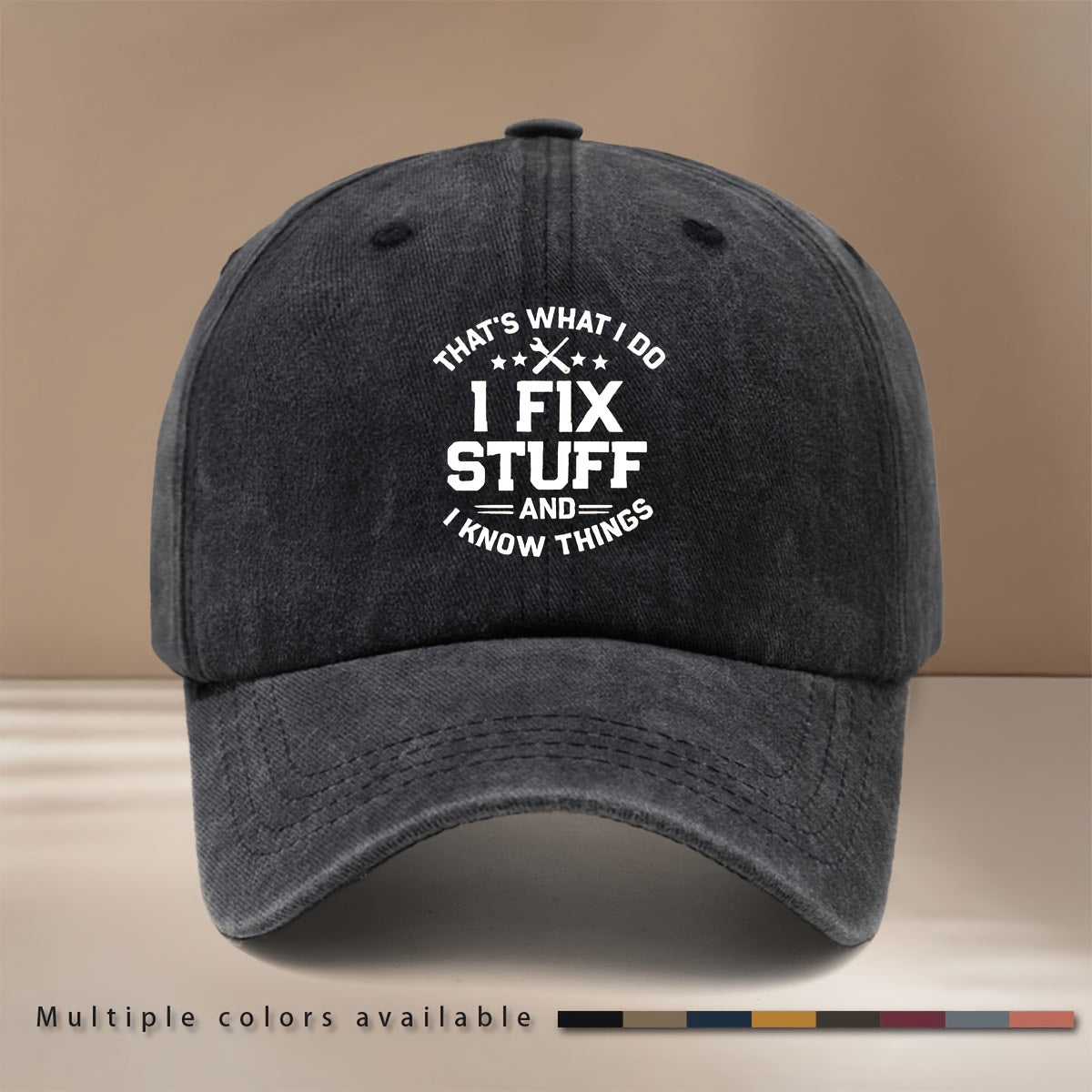 Baseball Cap with "I FIX STUFF" Text Graphic, Adjustable Size, Comfortable Hip-hop Hat, Unisex Duckbill Cap for Vacation, Travel, Gatherings, and Camping. Lightweight and Simple Curved Brim Hat with a Curved Brim That Makes the Face Appear Smaller.