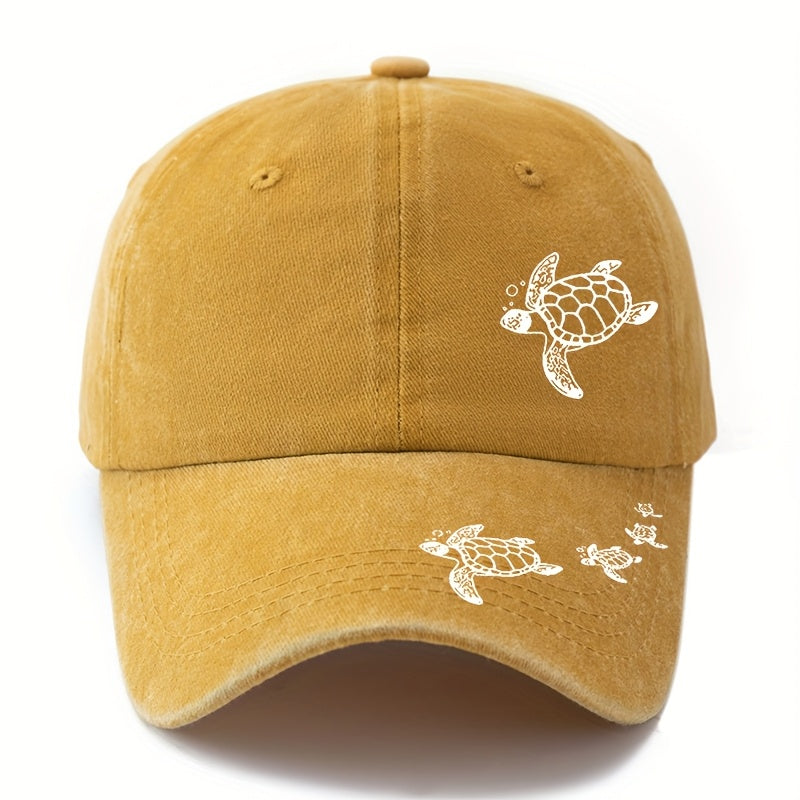 A Stylish Printed Baseball Cap Featuring a Dual Print Design of a Sea Turtle, Perfect for Both Men And Women. This Trendy Curved-Brim Hat Is Lightweight And Ideal for Outdoor Casual Wear And Hip-Hop Style