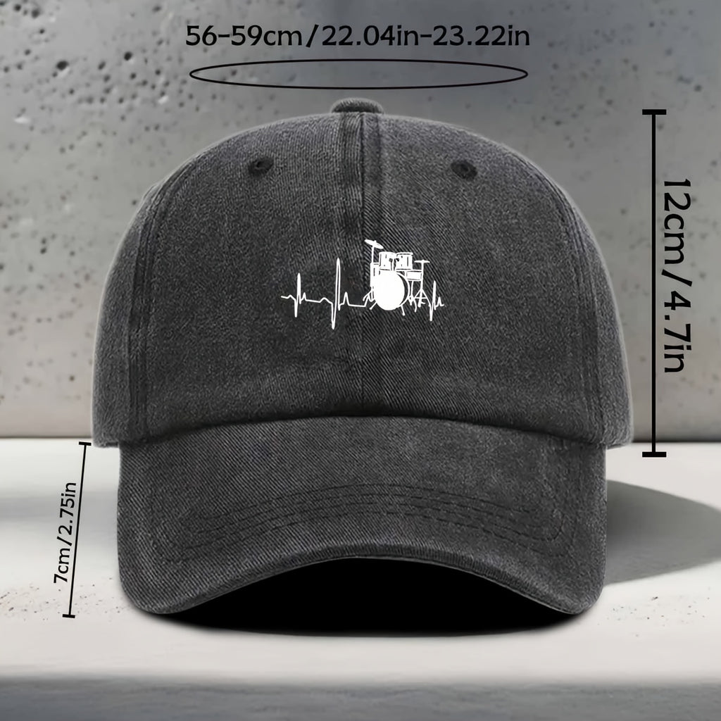 Men's & Women's Baseball Cap with Music-Themed Drum Print & Heartbeat Line - Adjustable Snapback Curved Brim Hat Suitable for Music Festivals, Outdoor Sports, Daily Wear - Washed Unisex Drummer Cap for Concerts and Casual Outfits