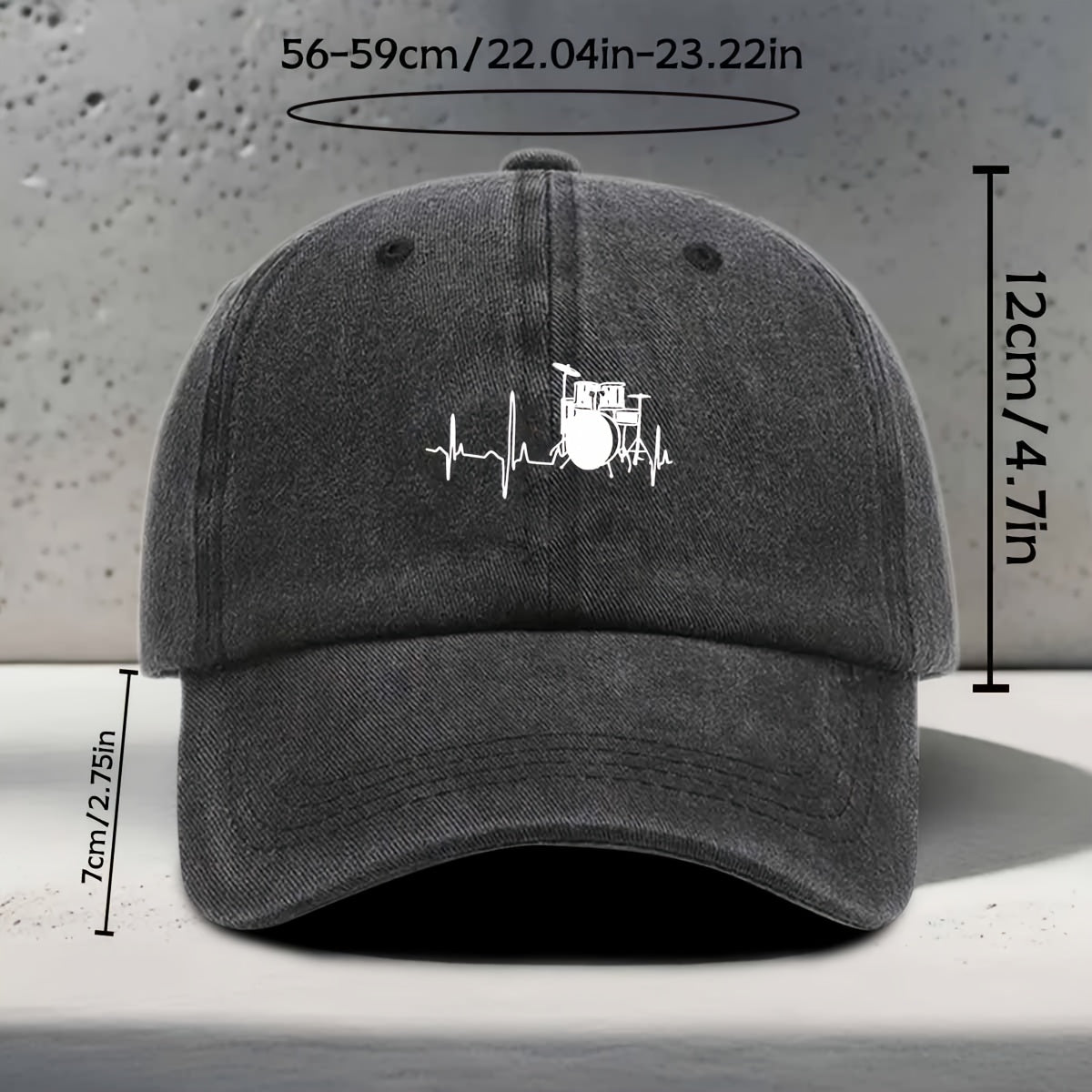 Men's & Women's Baseball Cap with Music-Themed Drum Print & Heartbeat Line - Adjustable Snapback Curved Brim Hat Suitable for Music Festivals, Outdoor Sports, Daily Wear - Washed Unisex Drummer Cap for Concerts and Casual Outfits