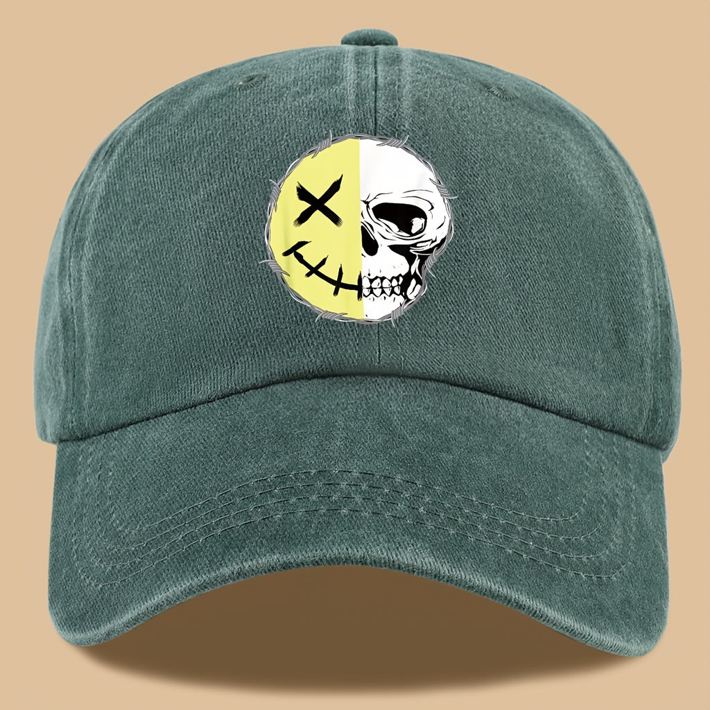 1pc Creative Smiling Face Half Skull Print Baseball Cap, Urban Casual Headwear, Individual All-Match Casual Clothing Accessory, Men And Women Outdoor Universal Dad Hat, Adjustable Size, Breathable Comfortable Vintage Black Papa Trucker Hat
