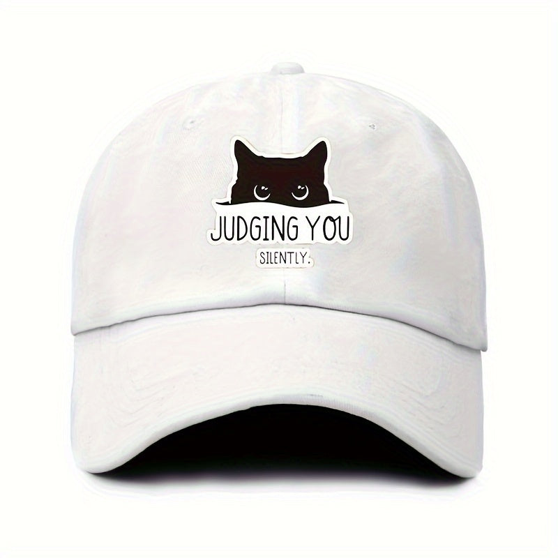 Vintage-Style Adjustable Baseball Cap Featuring a Cat Design with The Words "Silently Judging You"