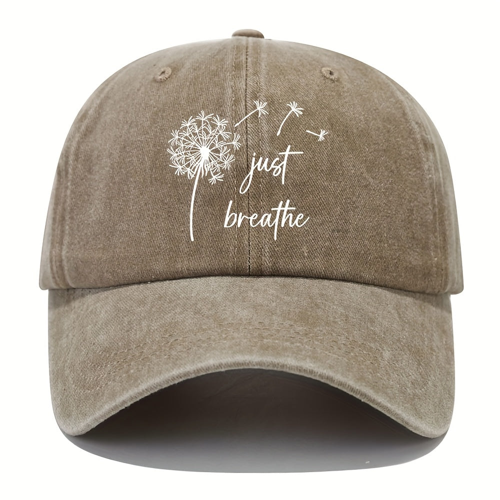 [Everyday Comfort] Vintage Washed Cotton Baseball Cap with "Just Breathe" Dandelion Print - Adjustable Sun Hat for Golf, Casual Wear, and Outdoor Activities, Golf Hat
