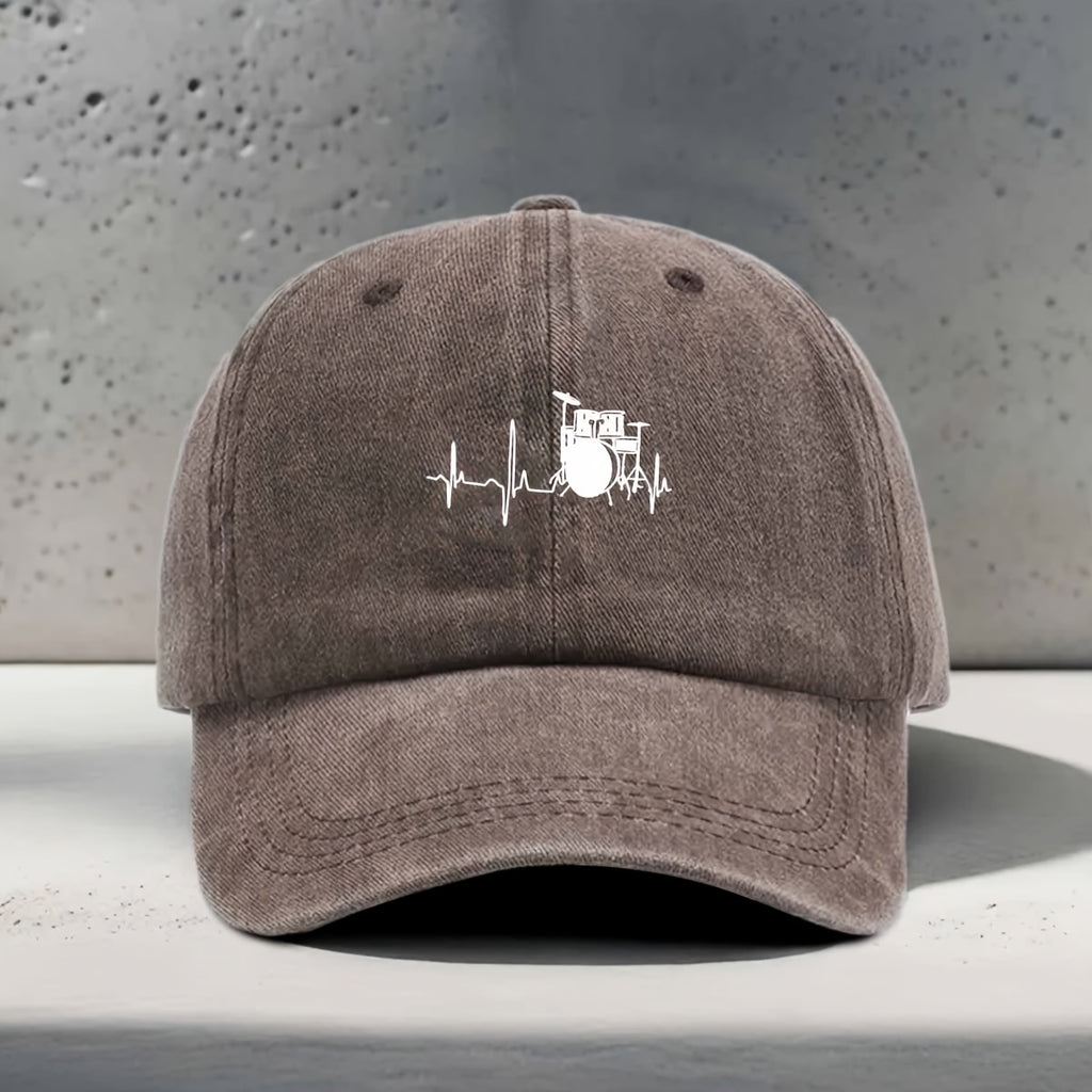Men's & Women's Baseball Cap with Music-Themed Drum Print & Heartbeat Line - Adjustable Snapback Curved Brim Hat Suitable for Music Festivals, Outdoor Sports, Daily Wear - Washed Unisex Drummer Cap for Concerts and Casual Outfits