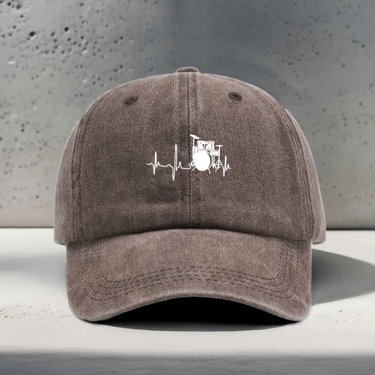 Men's & Women's Baseball Cap with Music-Themed Drum Print & Heartbeat Line - Adjustable Snapback Curved Brim Hat Suitable for Music Festivals, Outdoor Sports, Daily Wear - Washed Unisex Drummer Cap for Concerts and Casual Outfits