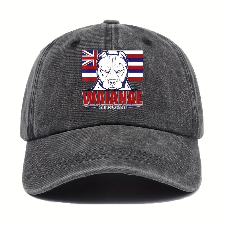 WAIANAE Men'S Hawaiian Flag & Dog Graphic Baseball Cap - Adjustable Lightweight Retro Streetwear Hat for Outdoor Sports, Patriotic Hip Hop Style, Soft Fabric, Thanksgiving/Father'S Day Gift
