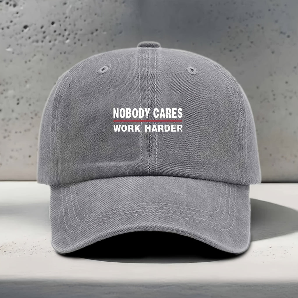 Women's Baseball Cap with "NOBODY CARES WORK HARDER" English Print, Inspirational Motivational Slogan, , Trendy, Fashionable, Versatile, Casual, and Simple. Unisex Duckbill Cap for Daily Outings, Work Commutes, Outdoor Sports, Fitness, Yoga