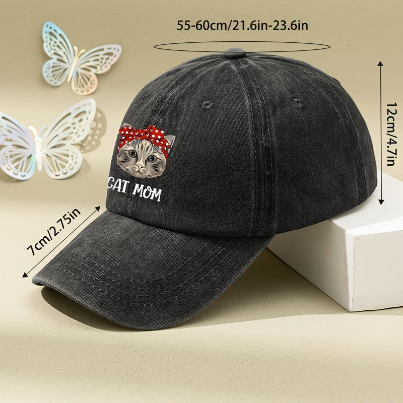 CAT MOM Cartoon Print Washed Vintage Soft Top Baseball Cap, Unisex, Washed Vintage Cap, Men's Hat, Women's Hat