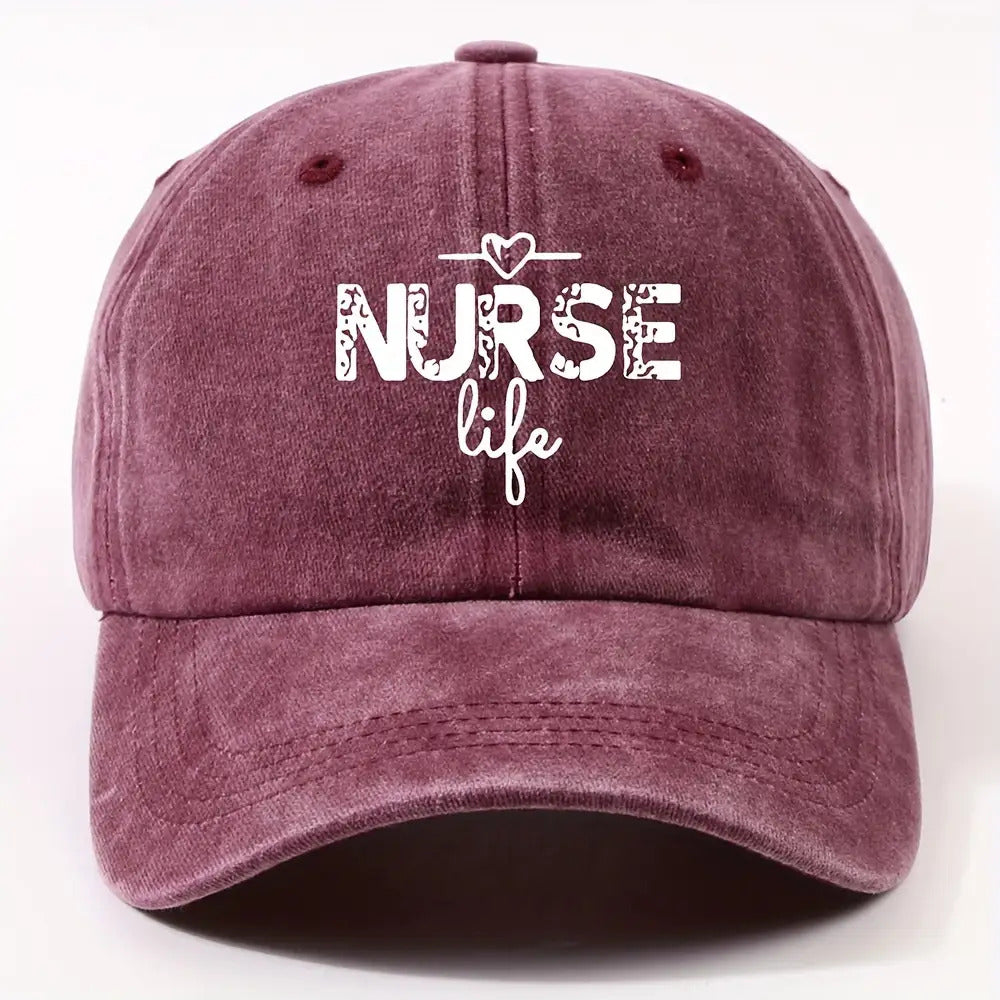 1 Fashion Nurse Letter Washed Baseball Cap Unisex Adjustable Brim Sun Hat Shopping Cycling Skateboarding Trendy Baseball Cap,  Casual Wear, Sporty Style, Geometric Pattern, Metal Buckle Closure, Durable Material, Unisex Headwear, Men And Women