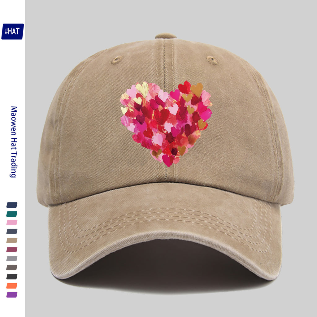 Heavy-Duty Washed Vintage Trucker Cap, Thick Oil-Painting Style Heart Print, Adjustable Snapback Closure, Suitable for Sports, Unisex Outdoor Cap, Ideal for All-Season Travel, Durable Headwear