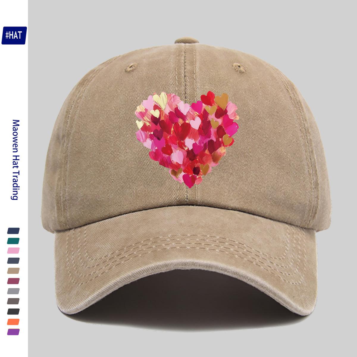 Heavy-Duty Washed Vintage Trucker Cap, Thick Oil-Painting Style Heart Print, Adjustable Snapback Closure, Suitable for Sports, Unisex Outdoor Cap, Ideal for All-Season Travel, Durable Headwear