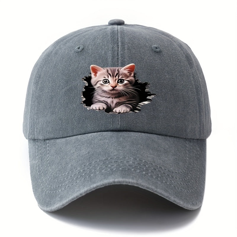 MAKEFGE Adjustable UPF Baseball Cap with Cat Ear & Iconic Kitten Print - Lightweight Washed Hip-Hop Hat Suitable for Outdoor, Casual Wear,, for -day Sun