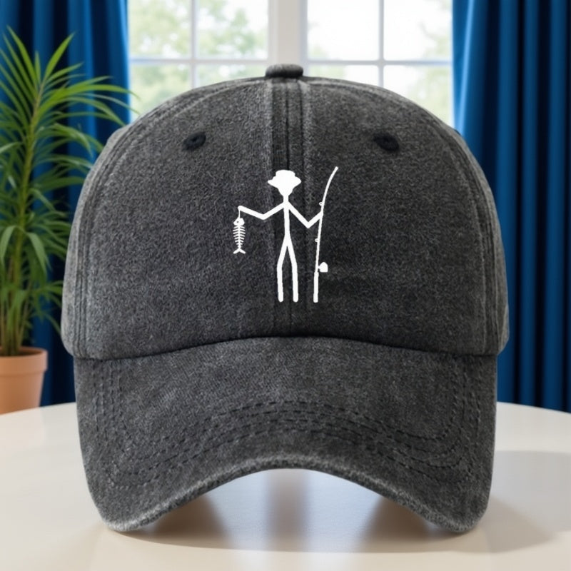 Creative Design Fishing Print Baseball Cap Classic Washed Vintage Duckbill Hat Soft Comfortable Sweat-Absorbing Breathable Hat Outdoor Leisure Sports Fishing Camping Adjustable Sun Hat