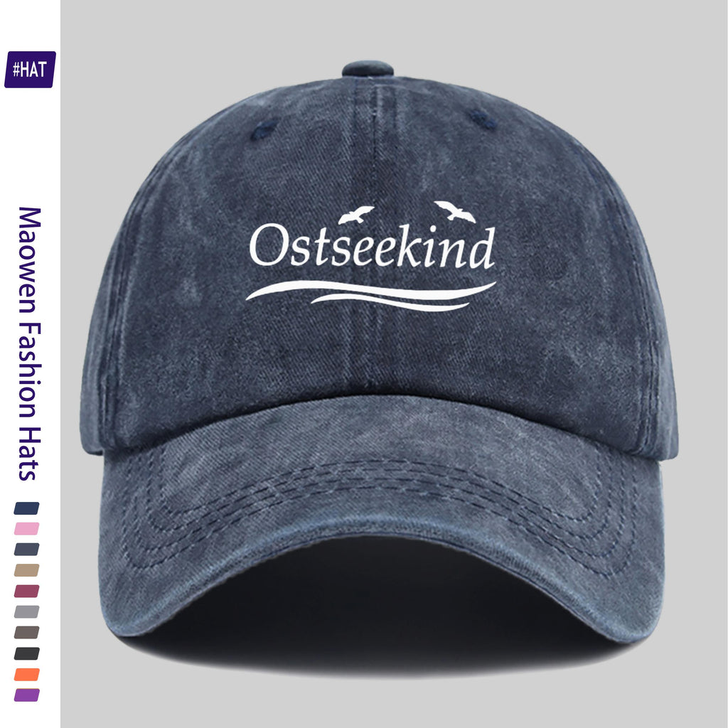 1pc Vintage Washed Duckbill Trucker Hat with Ostseekind & Seagull Logo Print, Adjustable Snapback Cap Suitable for Outdoor Fishing, Hunting, Vacations, Unisex for Men & Women, Machine Washable, Retro Logo