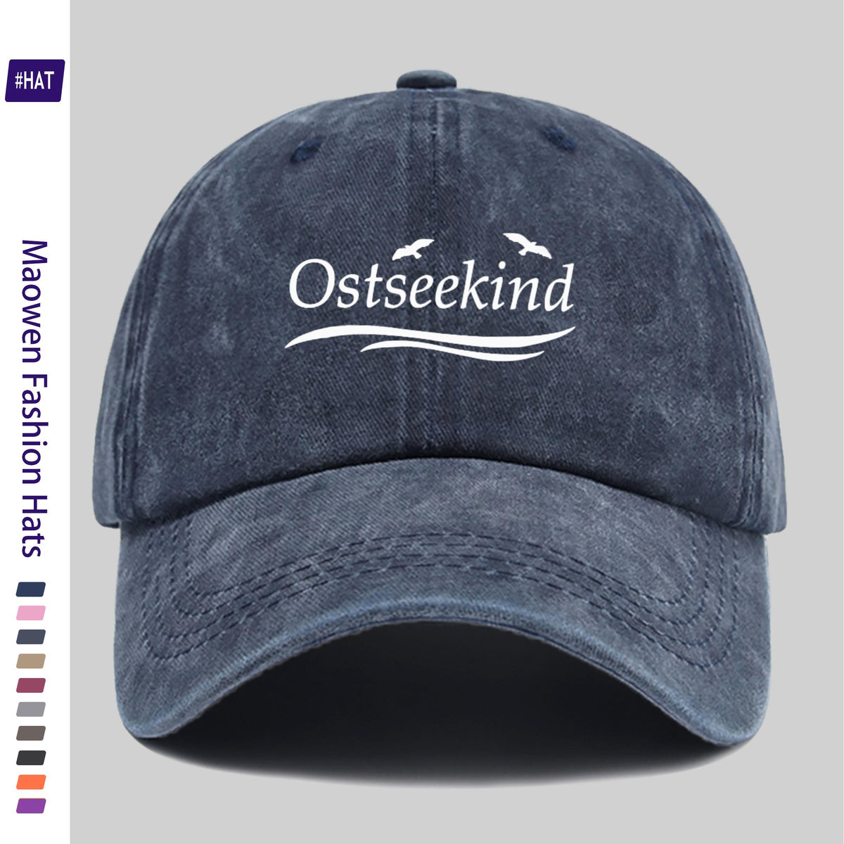 1pc Vintage Washed Duckbill Trucker Hat with Ostseekind & Seagull Logo Print, Adjustable Snapback Cap Suitable for Outdoor Fishing, Hunting, Vacations, Unisex for Men & Women, Machine Washable, Retro Logo