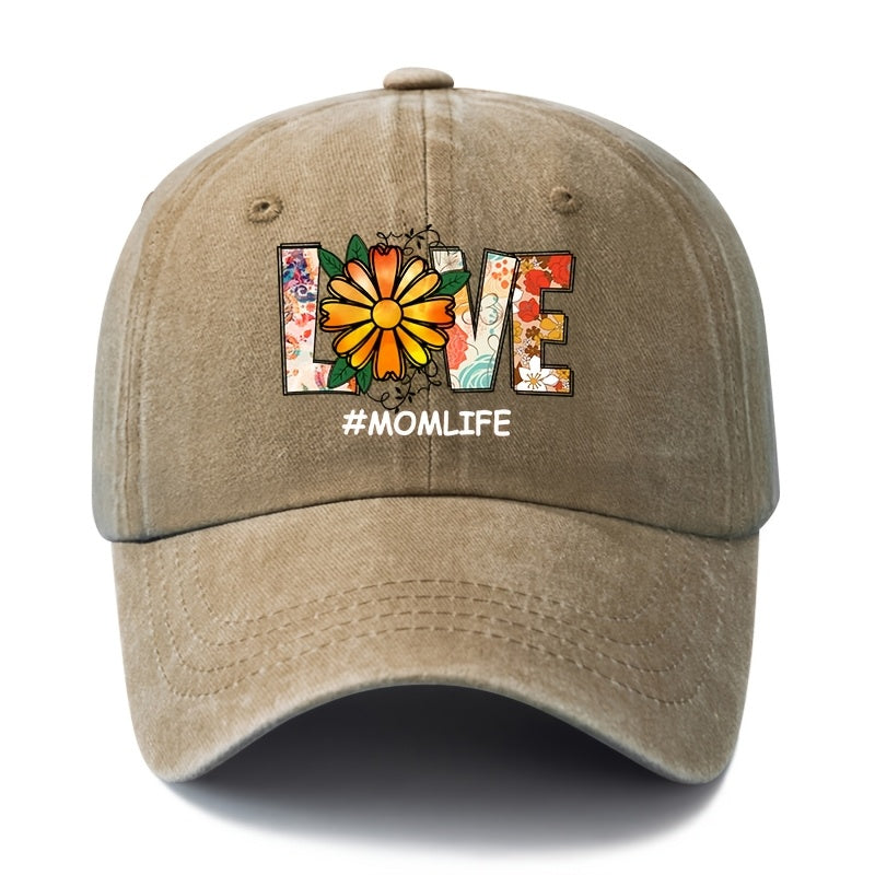 Unisex Fashion Versatile Floral Daisy LOVE Printed Baseball Cap, Classic Vintage Washed Outdoor Lightweight Curved Cap, Trucker Hat, Suitable for Outdoor Vacation Travel Camping And Casual Occasions, Holiday Party Hip-Hop Hat