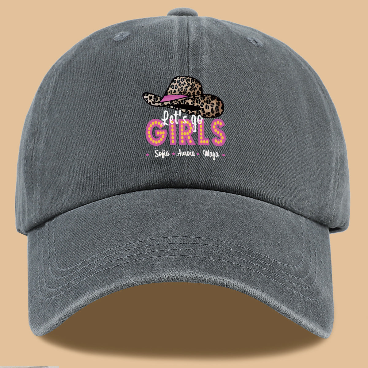1pc Leopard Print Wide Brim Baseball Cap, Pink Brim with "Let'S Go GIRLS" Neon Style Letters, Adorned with Sofia, Aurora, Maya Names. Fashionable And Individual Sun Hat, Adjustable Size. Bestie Outing Hat, Sister Gathering Hat