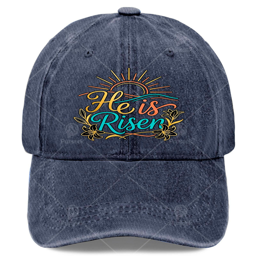 He Is Risen Christian Baseball Cap, Vintage Full-Print Religious Design, Featuring The Message "He Is Risen", Lightweight Dome-Shaped Worship Cap, Suitable for Church, Easter Gift, And Everyday Wear
